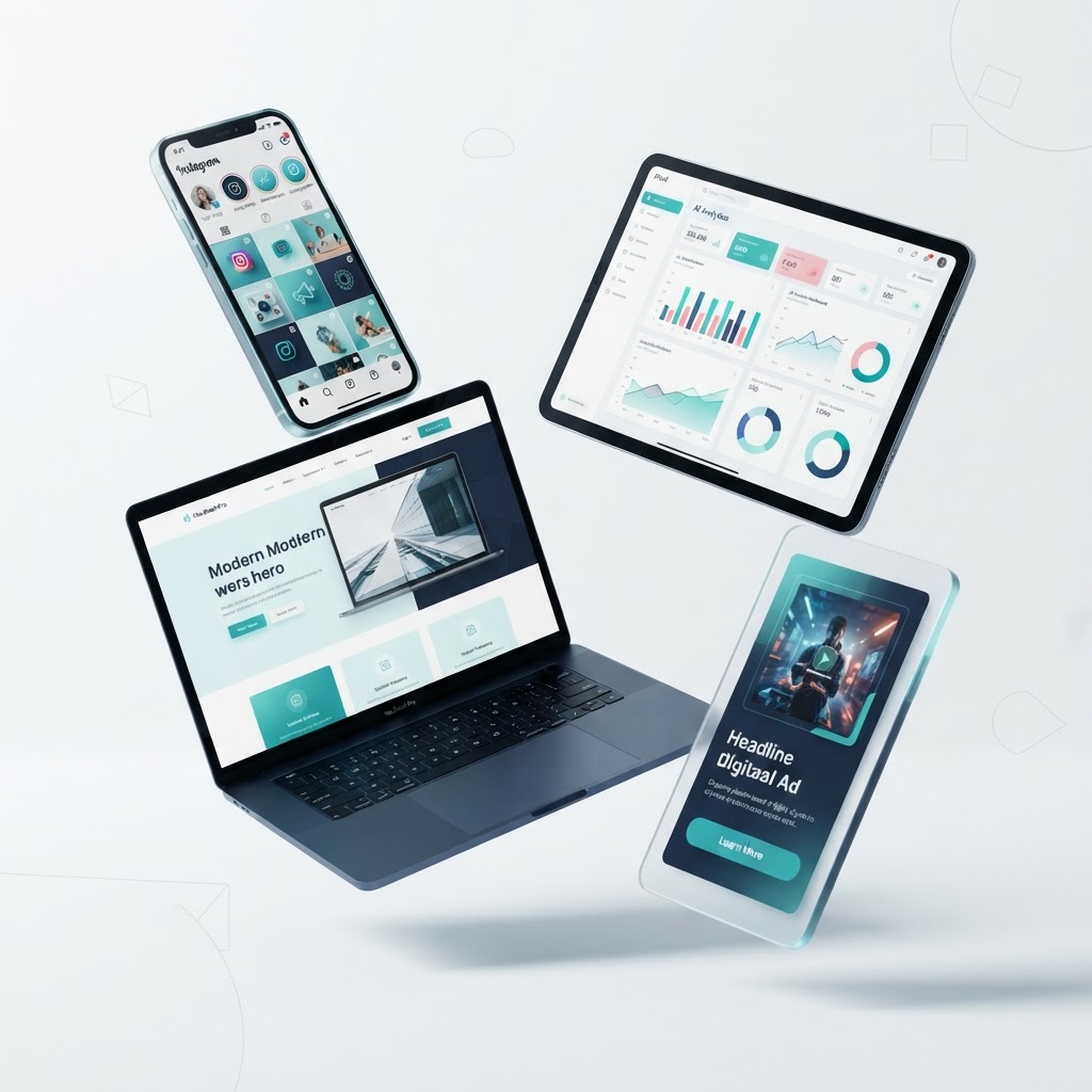 SRA Digital — social media, website, and AI dashboard mockups