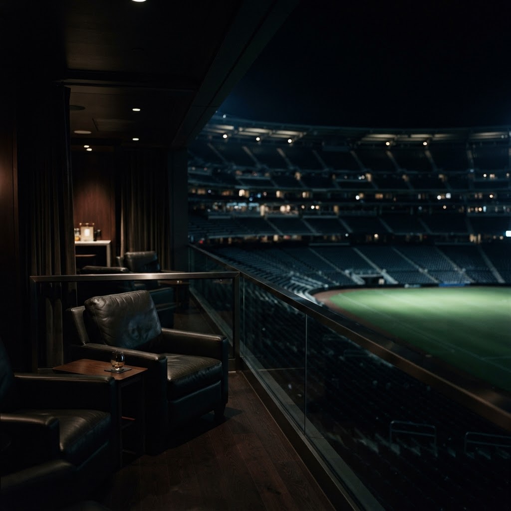 Cinematic view of a modern stadium at night with dramatic floodlights cutting through mist, viewed from a luxury VIP perspective