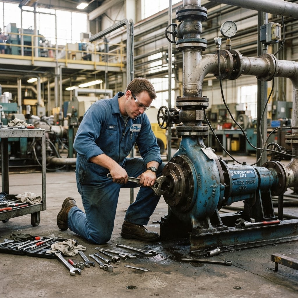 Technician servicing industrial pump
