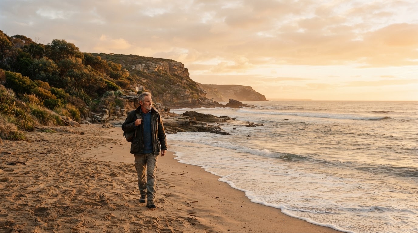 Australian man walking along a coastal beach at golden hour