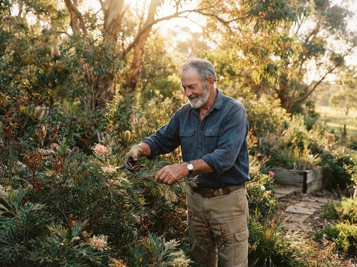 Australian man tending to native plants in a sunlit garden