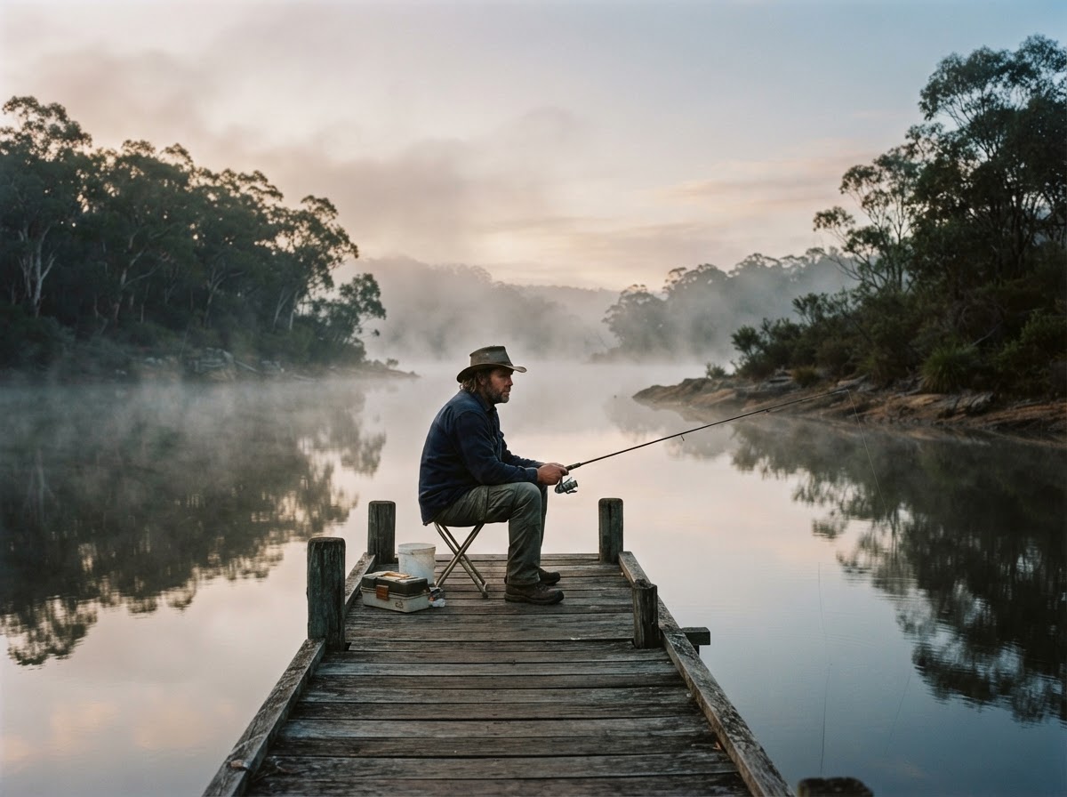 Australian man fishing peacefully from a jetty on a calm lake at dawn