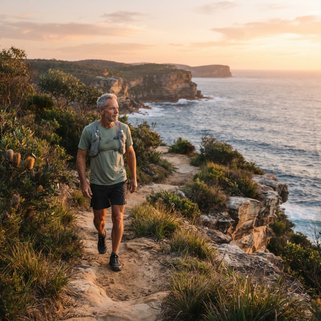 A man walking along a coastal bush trail at golden hour