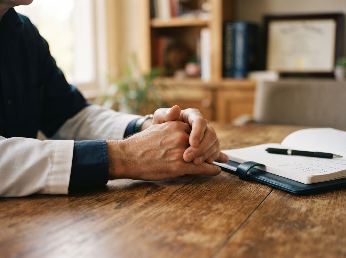 Doctor's hands resting thoughtfully on a wooden desk during consultation