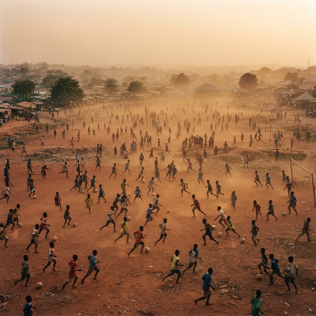 Young Nigerians playing football on red earth at golden hour