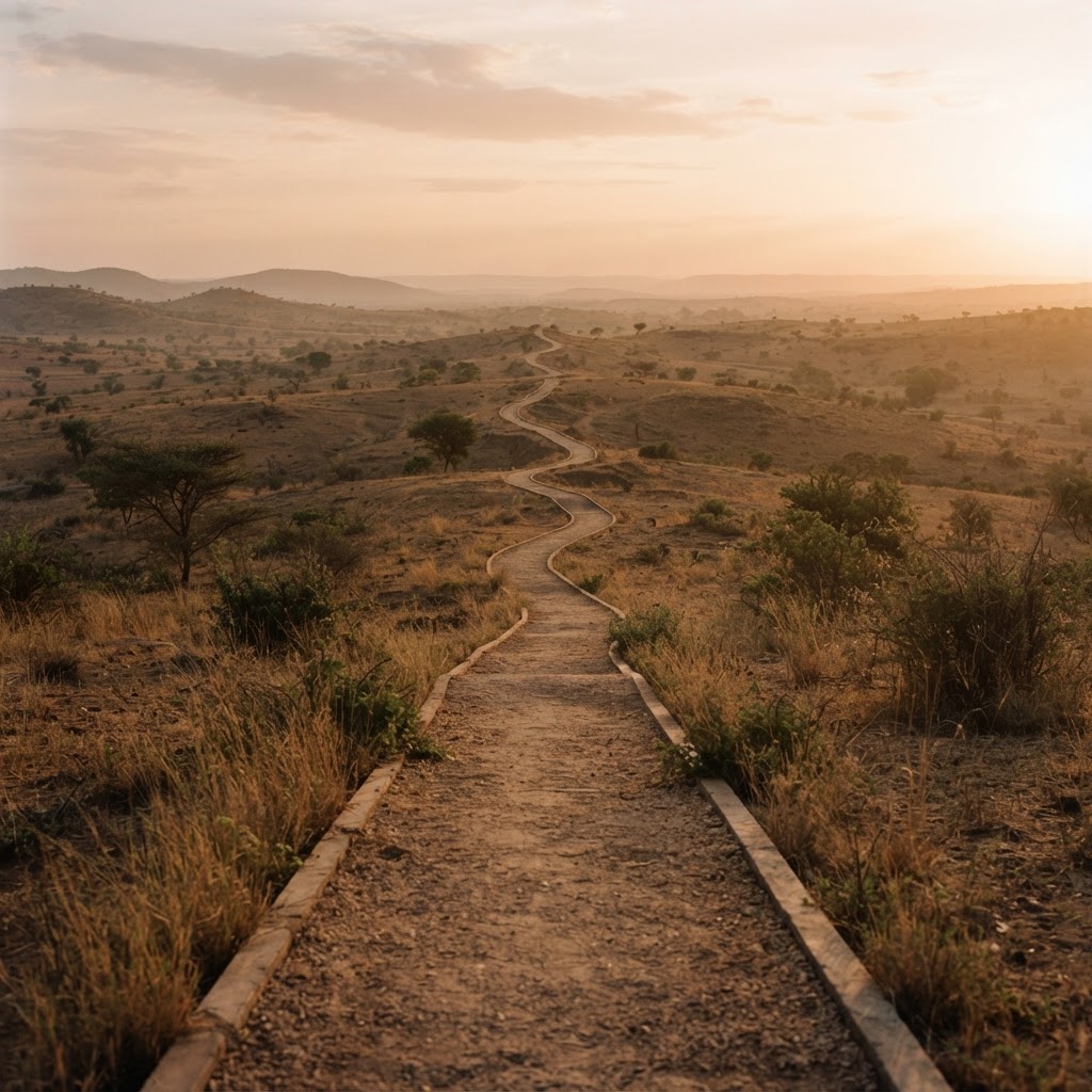 A path leading across the Northern Nigerian landscape at dawn