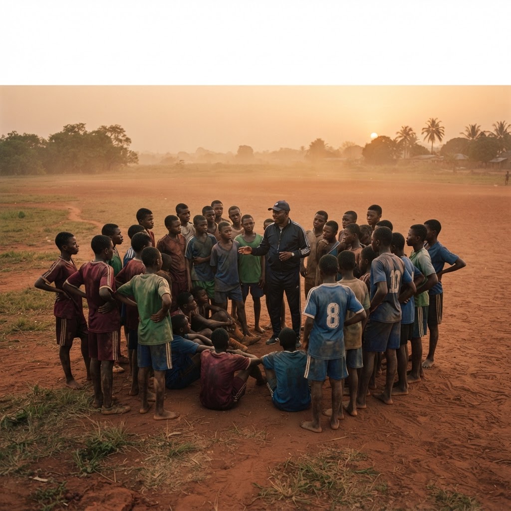 A community of young footballers gathered on the red earth of Northern Nigeria at golden hour