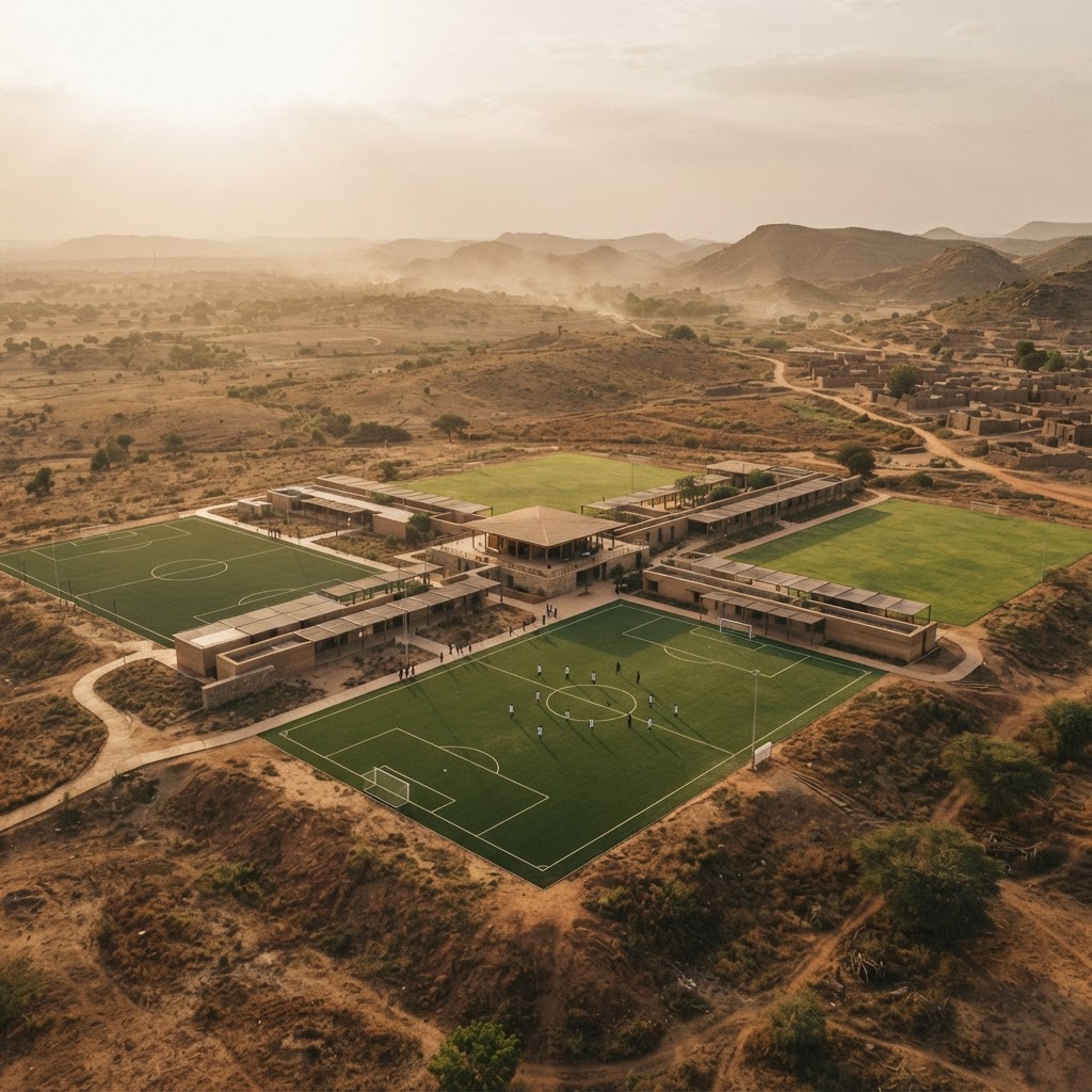 Aerial view of a modern football training centre in Northern Nigeria