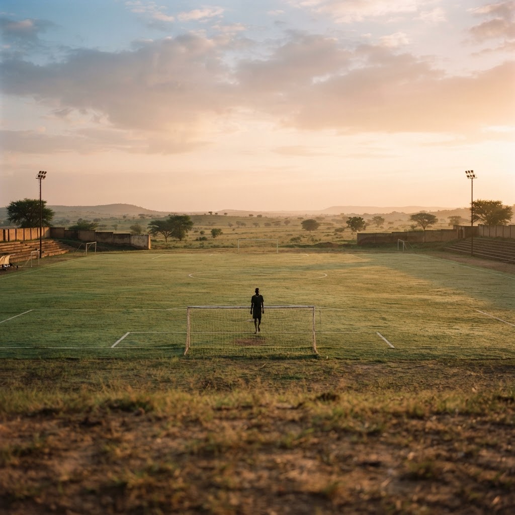 A young player walking onto an empty pitch at sunrise