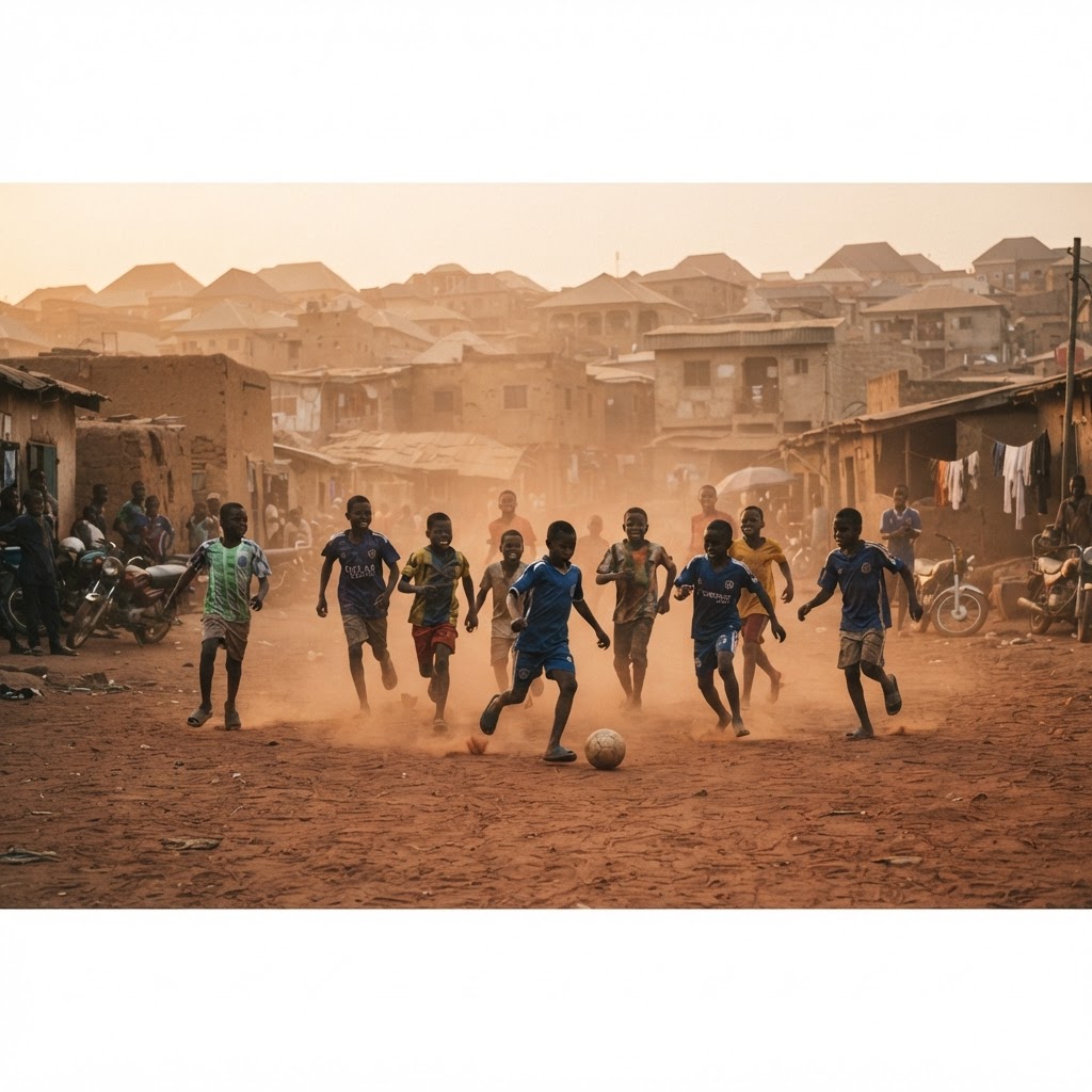 Young footballers playing on a community ground in Kano at golden hour