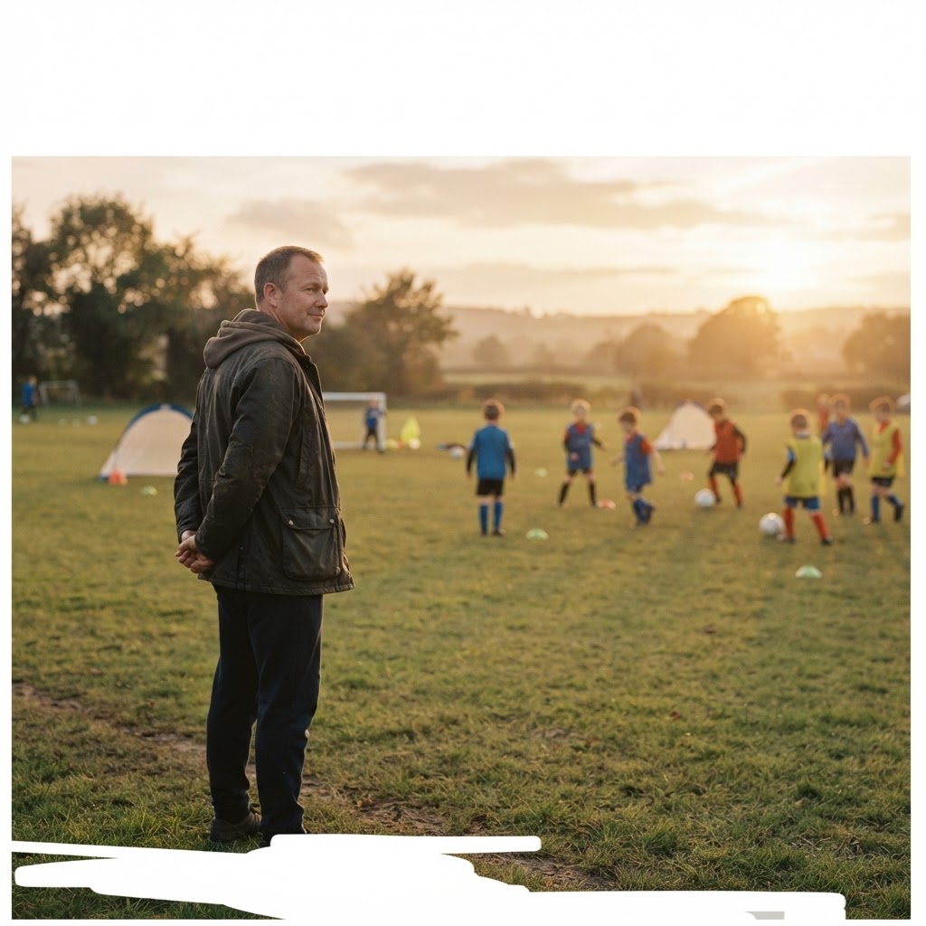 A youth coach observing children training at sunset