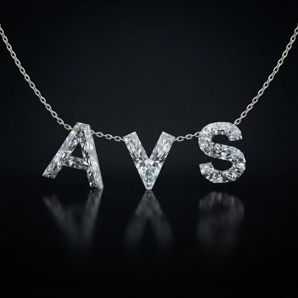 Necklace featuring the custom diamond letters A, V, and S