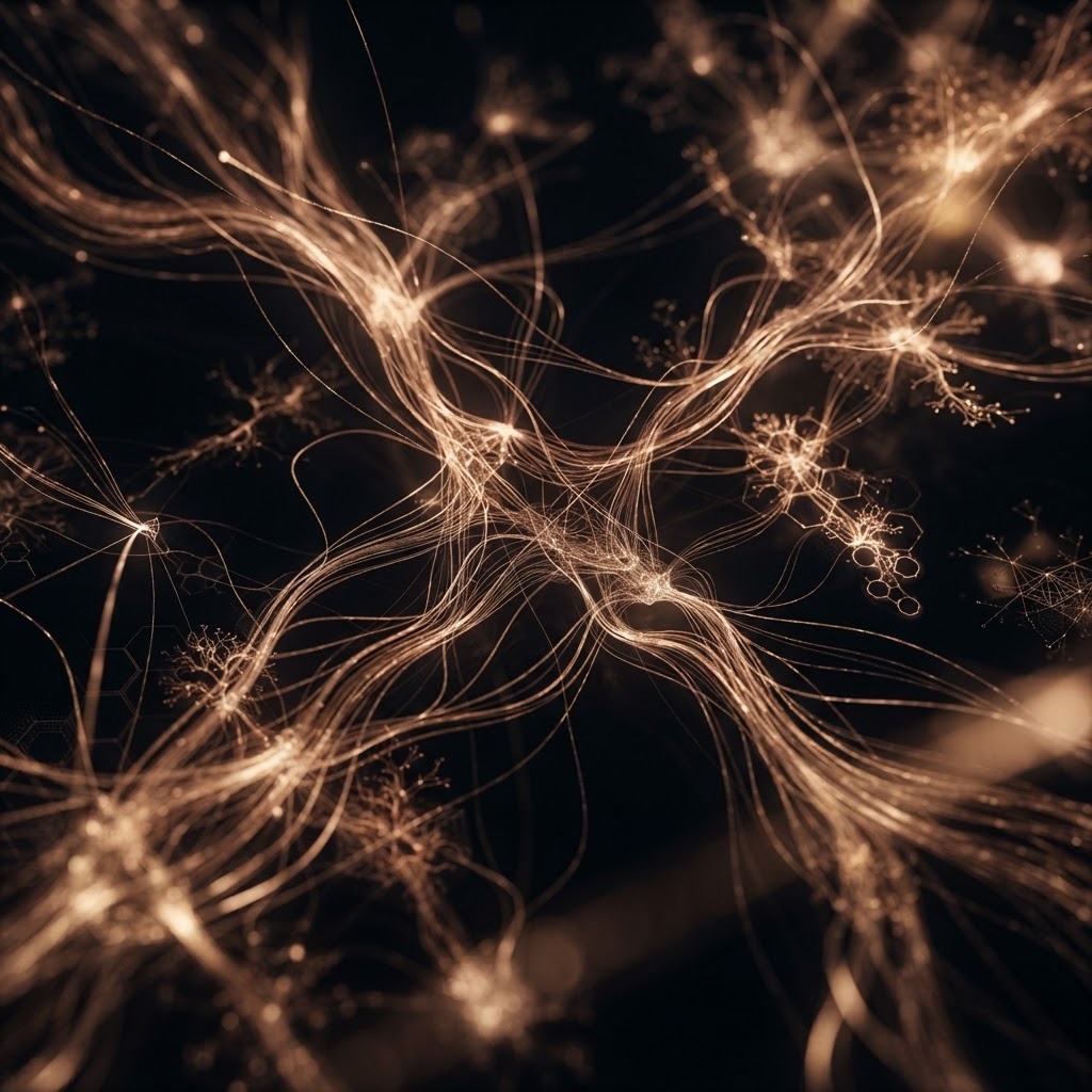 Abstract bronze and amber light streams suggesting AI data visualization