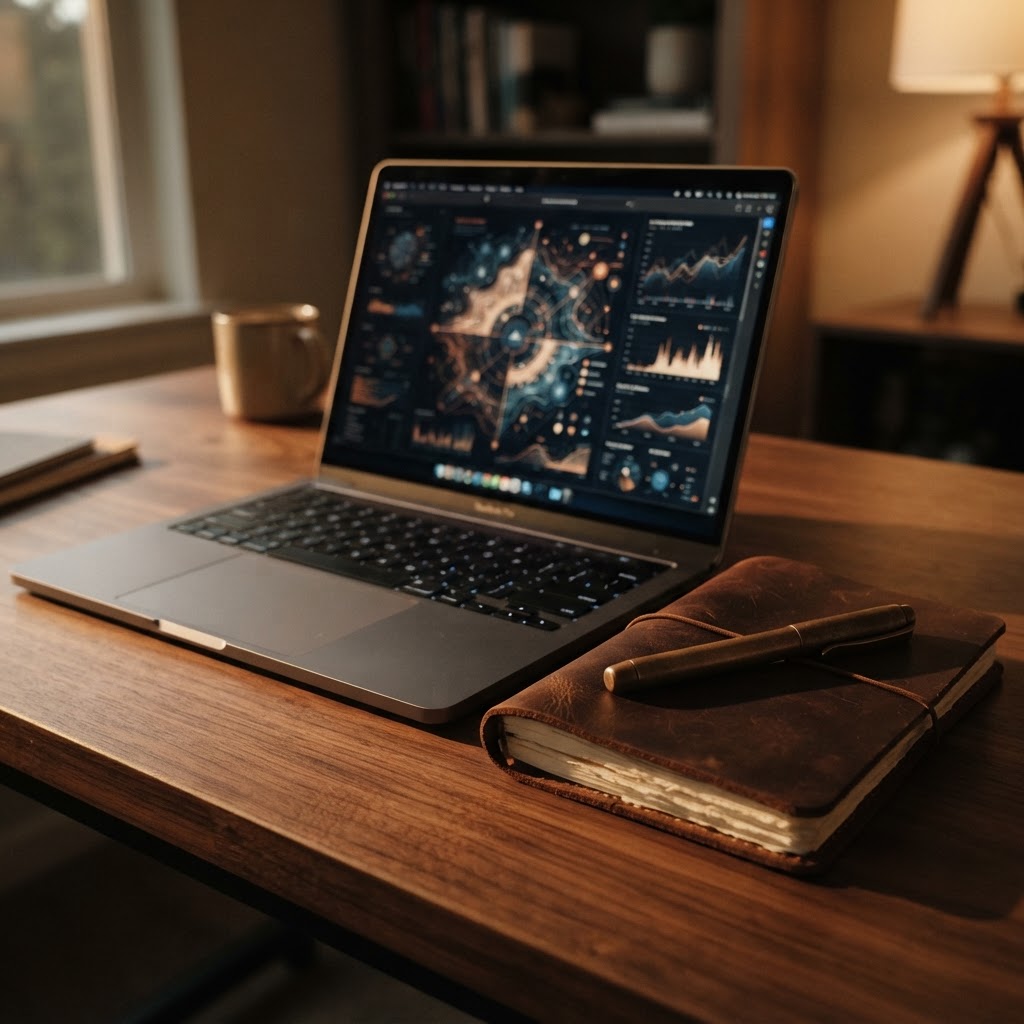 Modern desk with laptop showing data visualizations and premium notebook