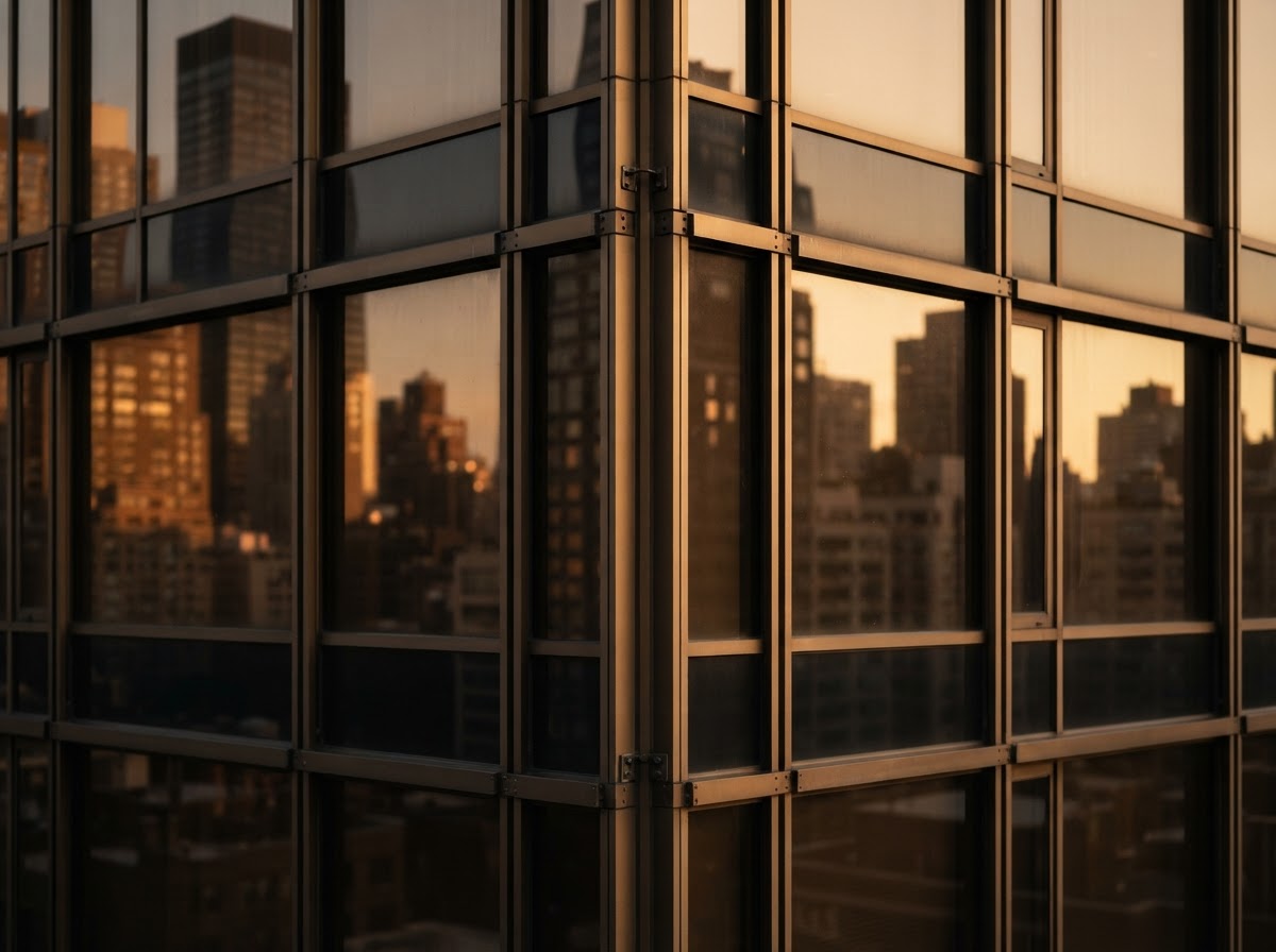 Architectural glass panels with geometric bronze-colored metal framing
