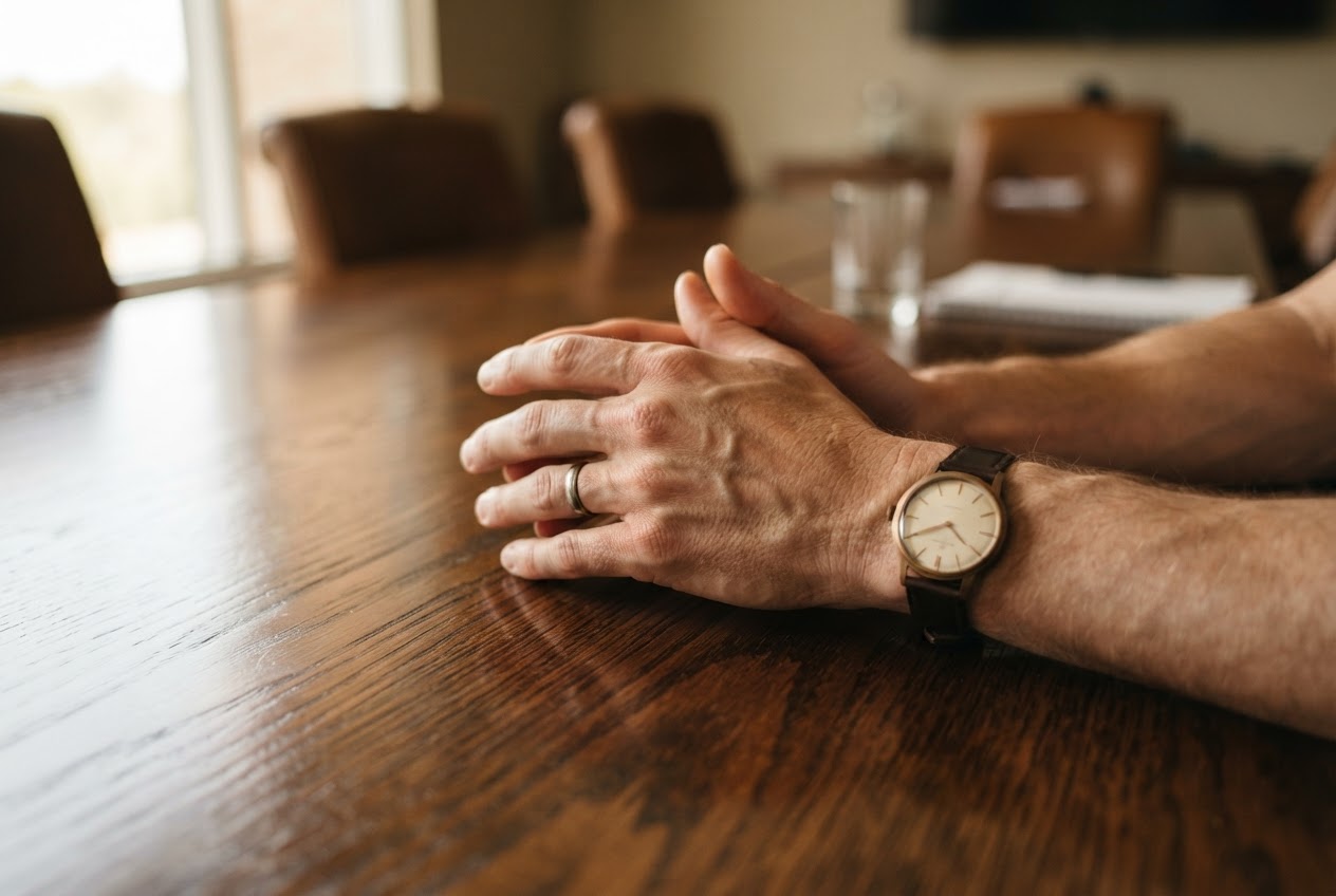 Thoughtful strategic reflection at a conference table