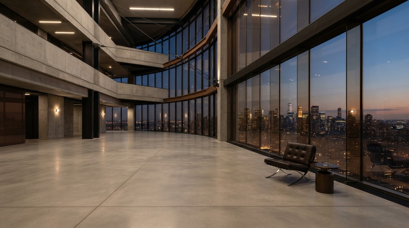 Modern glass and concrete building interior with warm ambient light