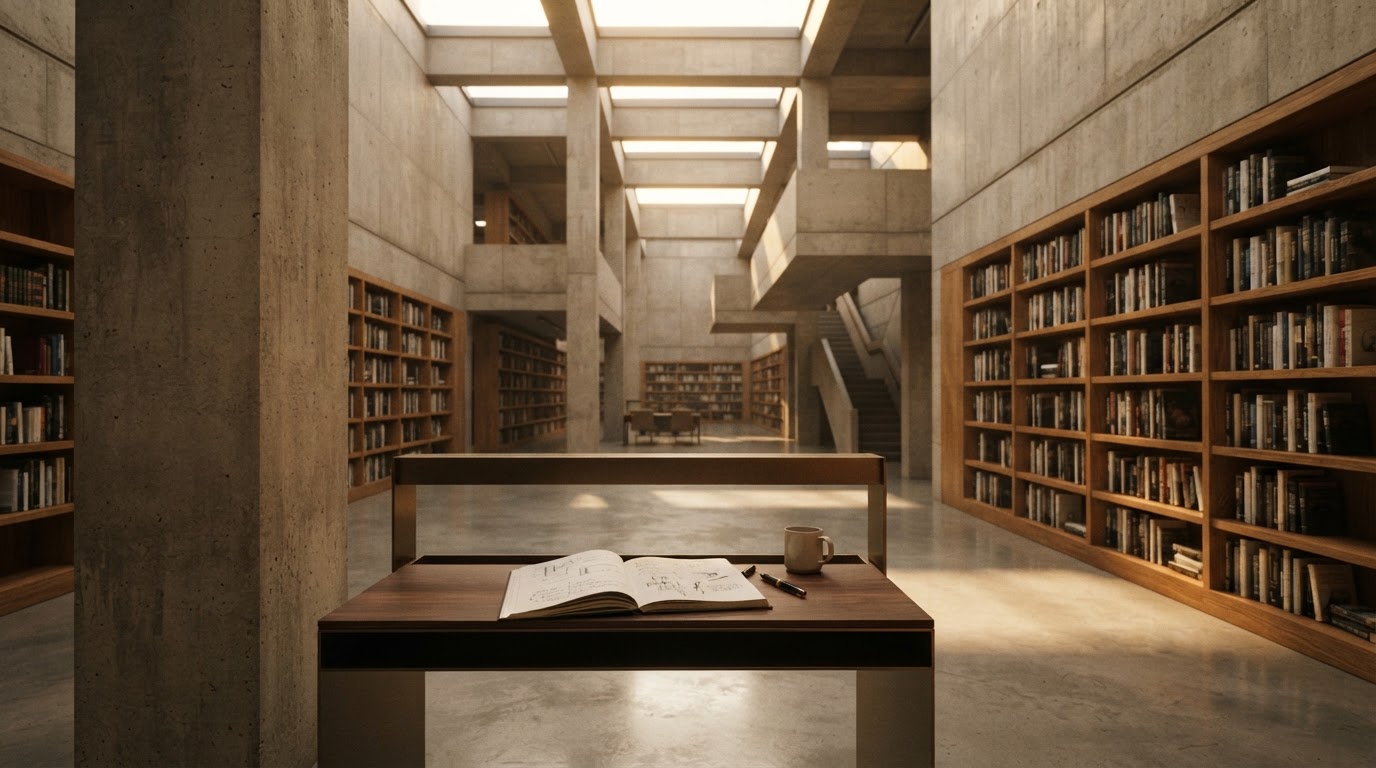 Serene modern library with warm natural lighting