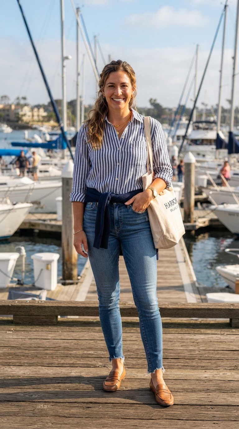Nautical Stripes & Slim Jeans — casual blue jeans outfit idea