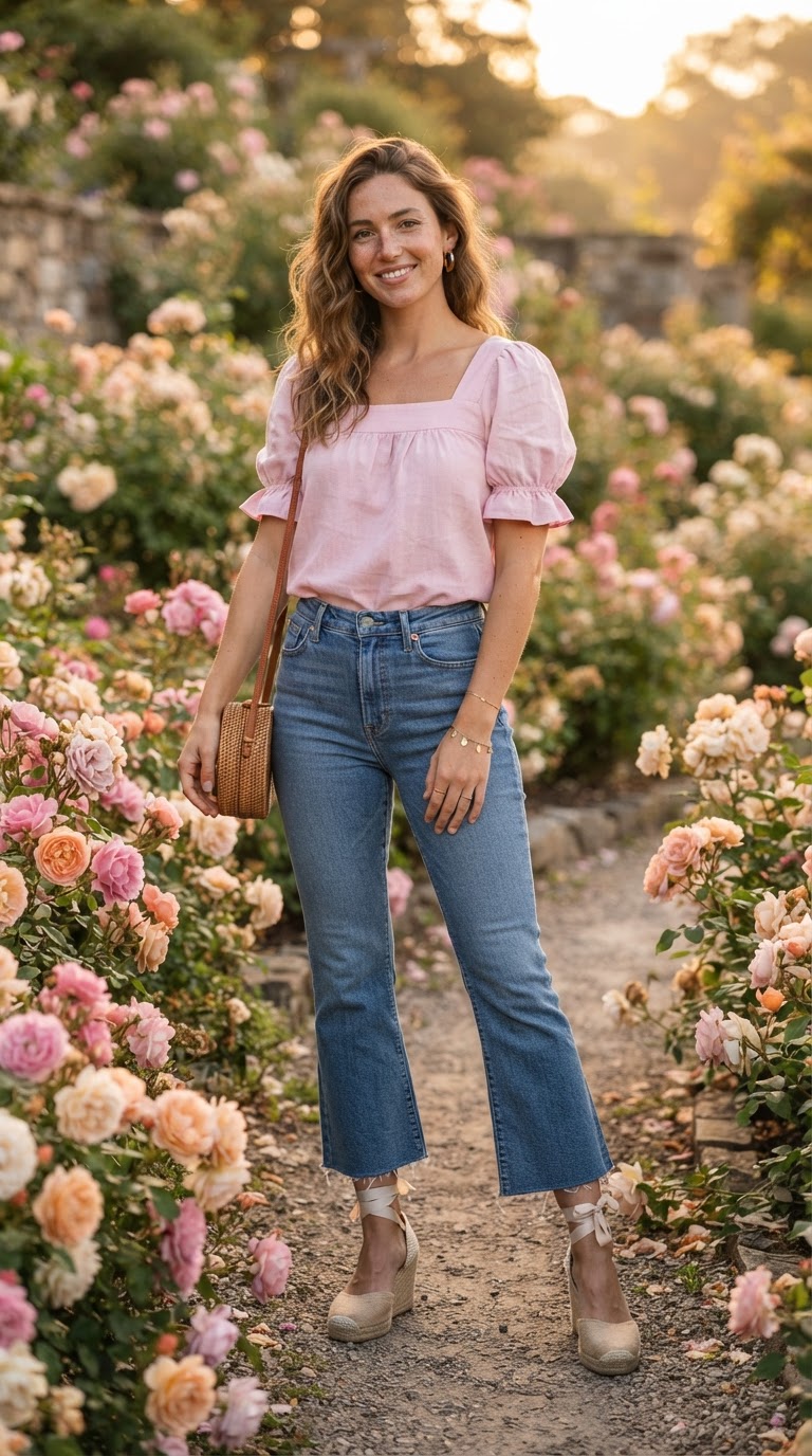 Puff-Sleeve Top & Cropped Flares — casual blue jeans outfit idea