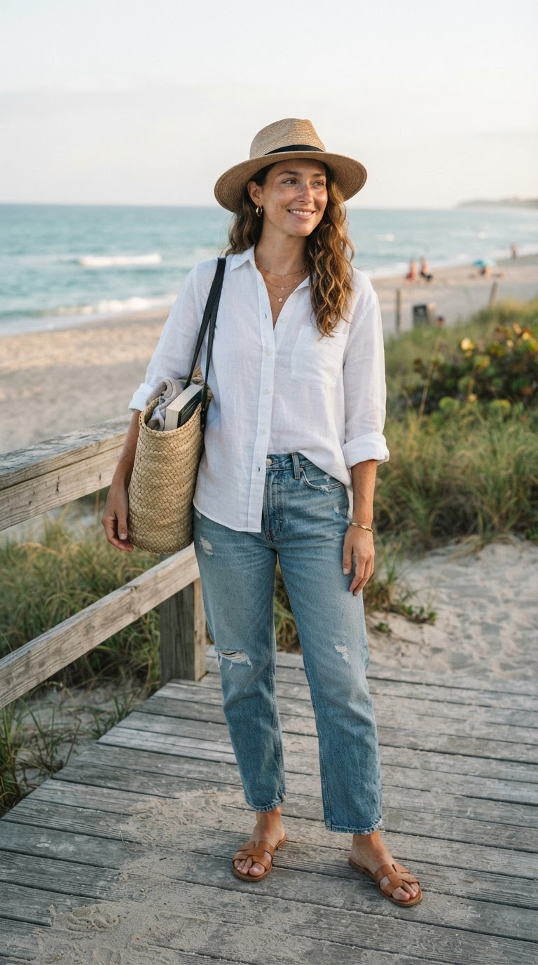 Linen Shirt & Relaxed Jeans — casual blue jeans outfit idea