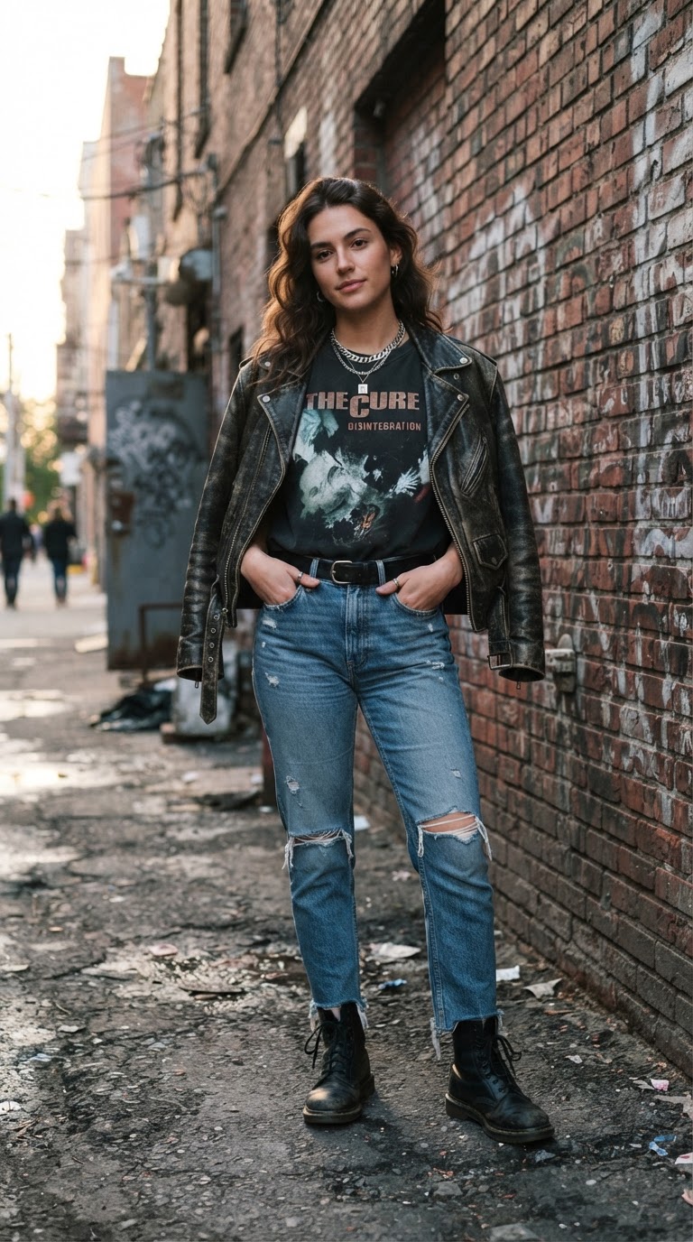 Band Tee & Leather Jacket Edge — casual blue jeans outfit idea