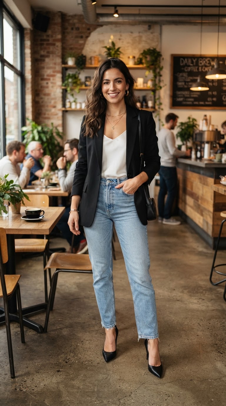 Blazer Meets Blue Jeans — casual blue jeans outfit idea