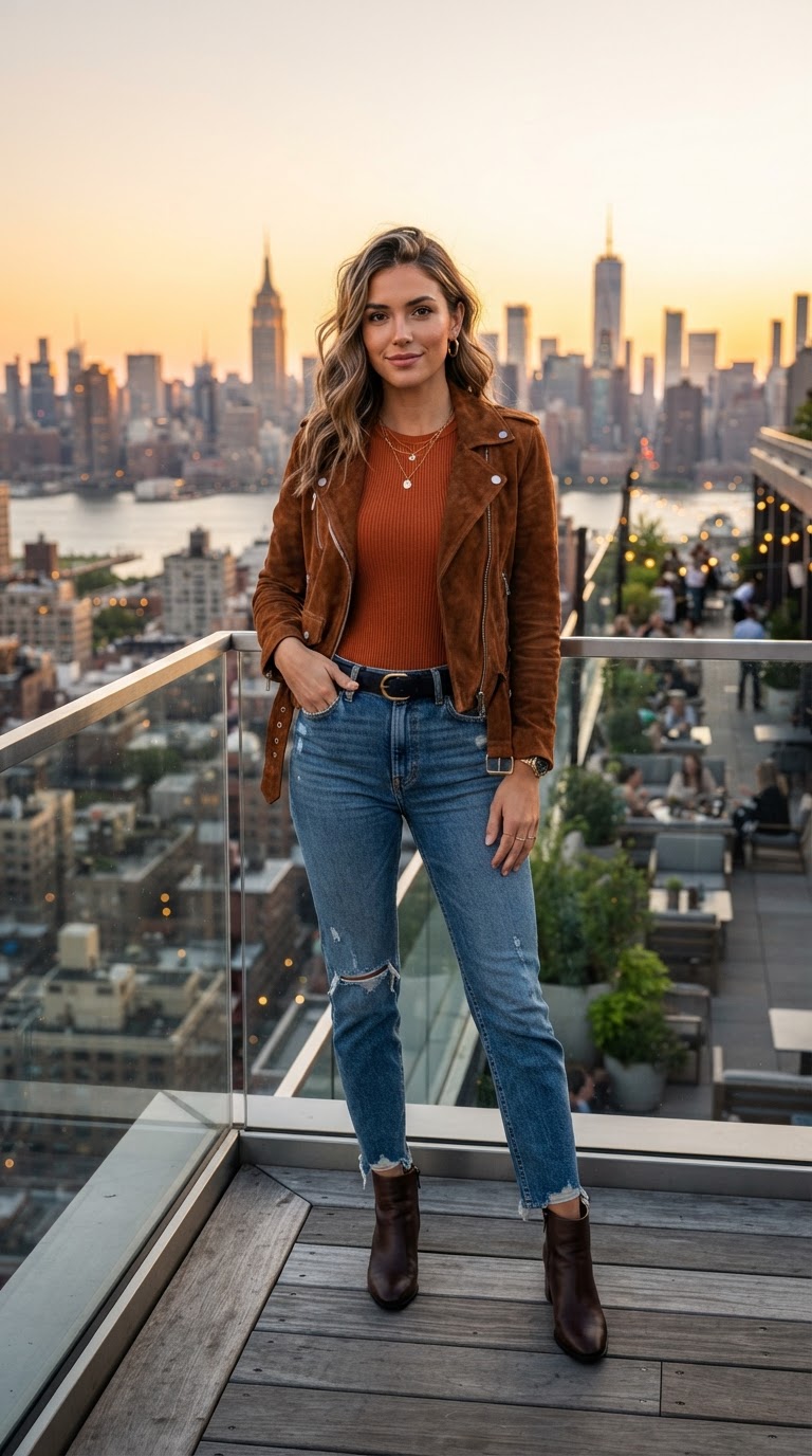 Rust Knit Top & Moto Jacket — casual blue jeans outfit idea