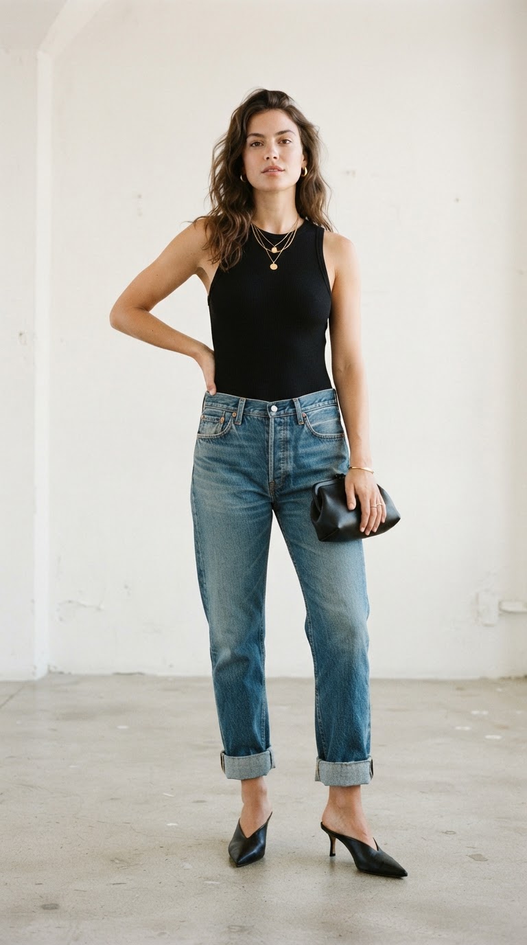 Bodysuit & Boyfriend Jeans — casual blue jeans outfit idea