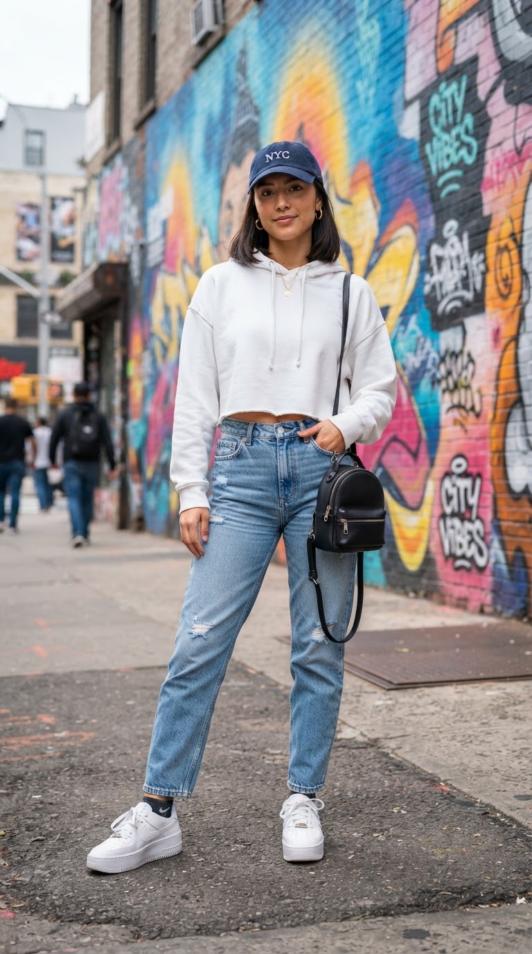 Cropped Hoodie & Mom Jeans — casual blue jeans outfit idea