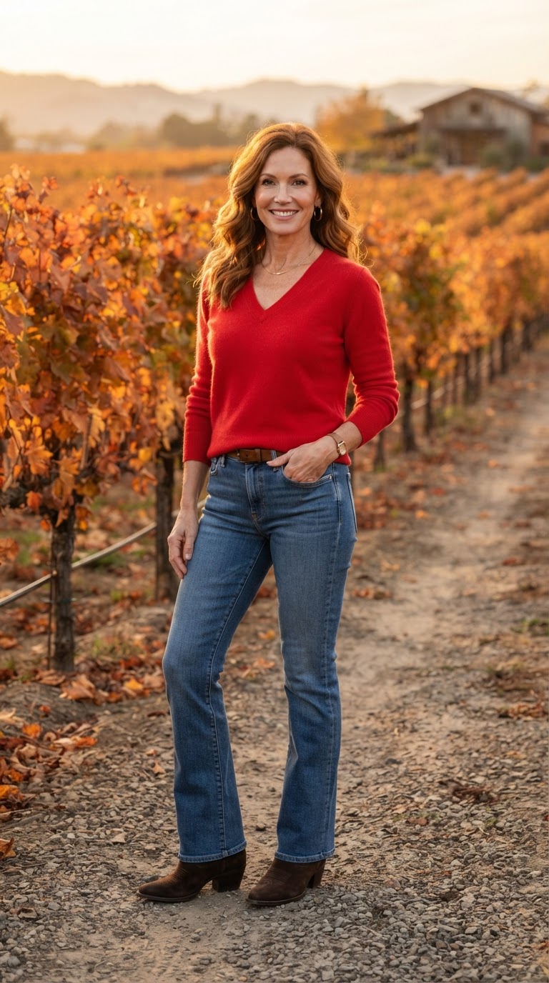 The Red Sweater & Bootcut Jeans — Warm Ranch Vibes