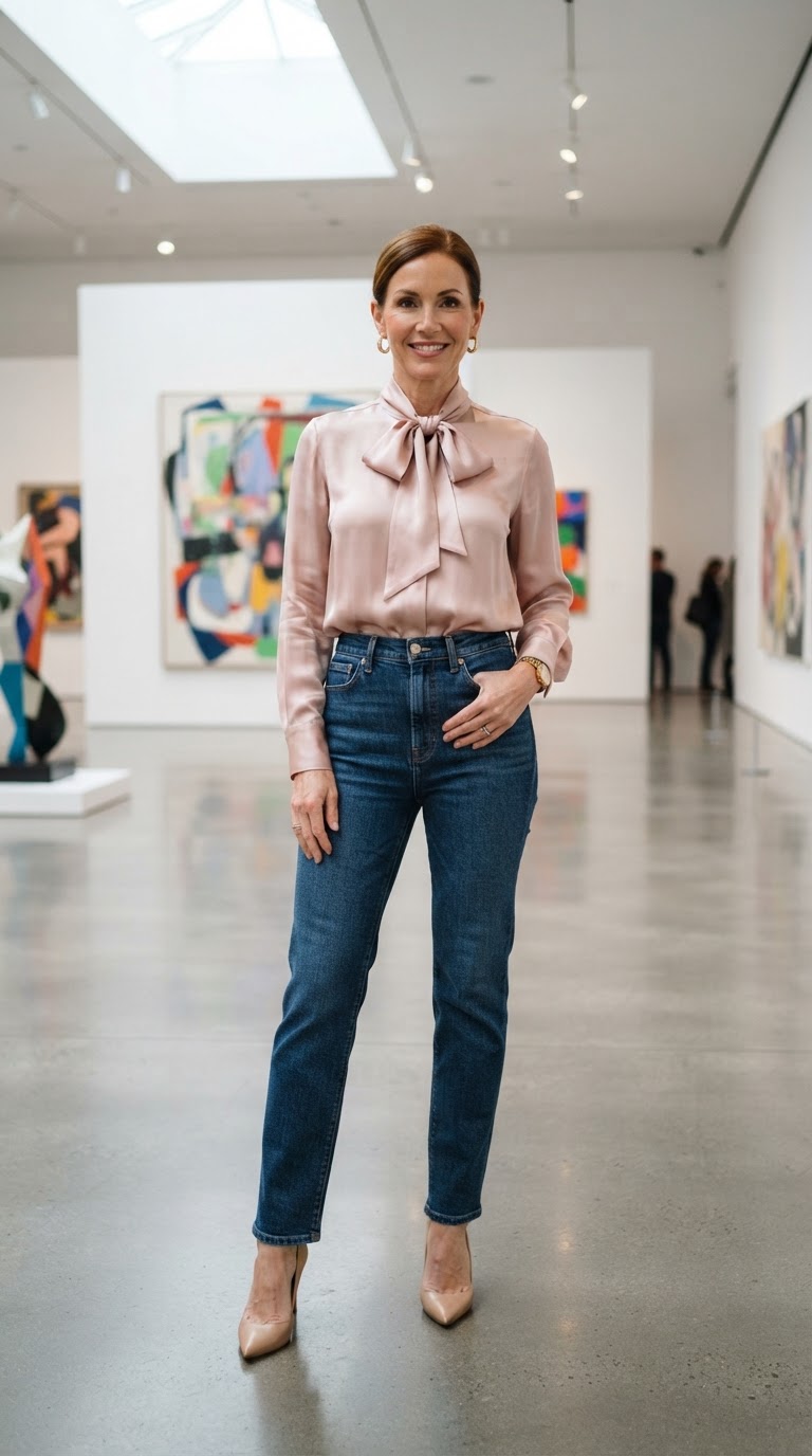 The Silk Blouse & Dark Jeans — Feminine Office Look