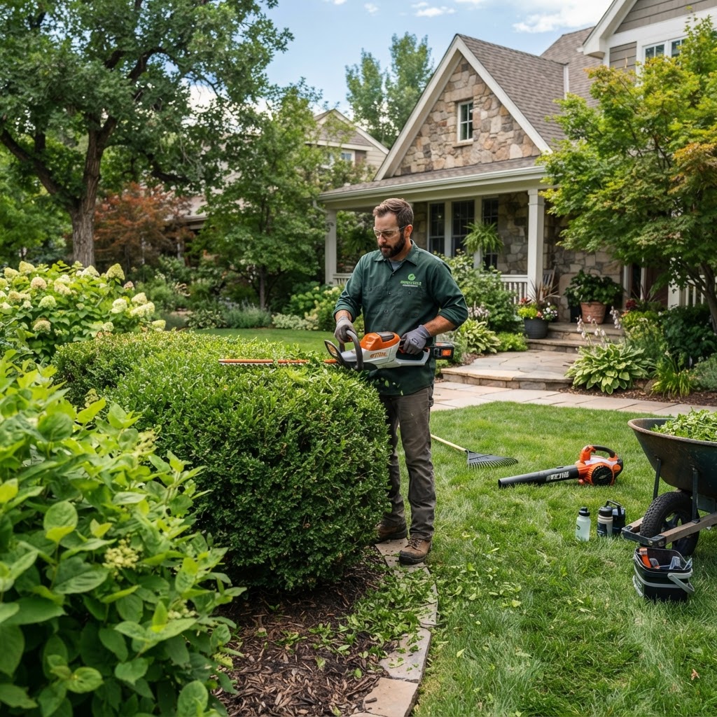 Landscaper working on a residential front yard