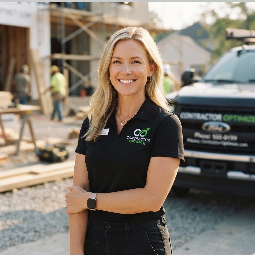 A friendly Contractor Optimize team member in a black CO branded polo shirt, standing near a job site