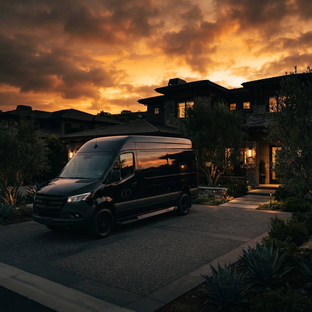 A branded contractor van parked in a luxury neighborhood at sunset