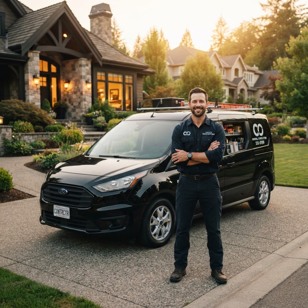 A contractor standing beside his branded work van at a luxury home