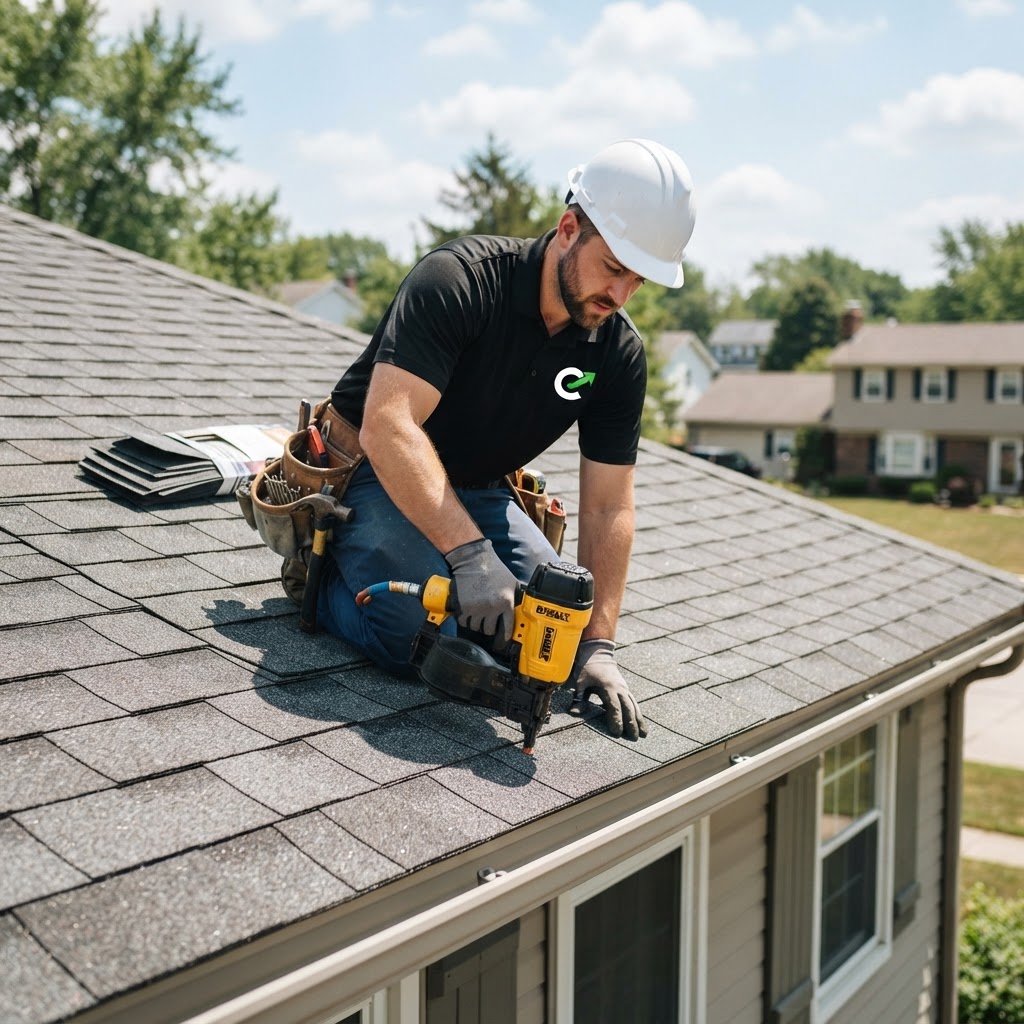 Roofing contractor in branded Contractor Optimize polo at work