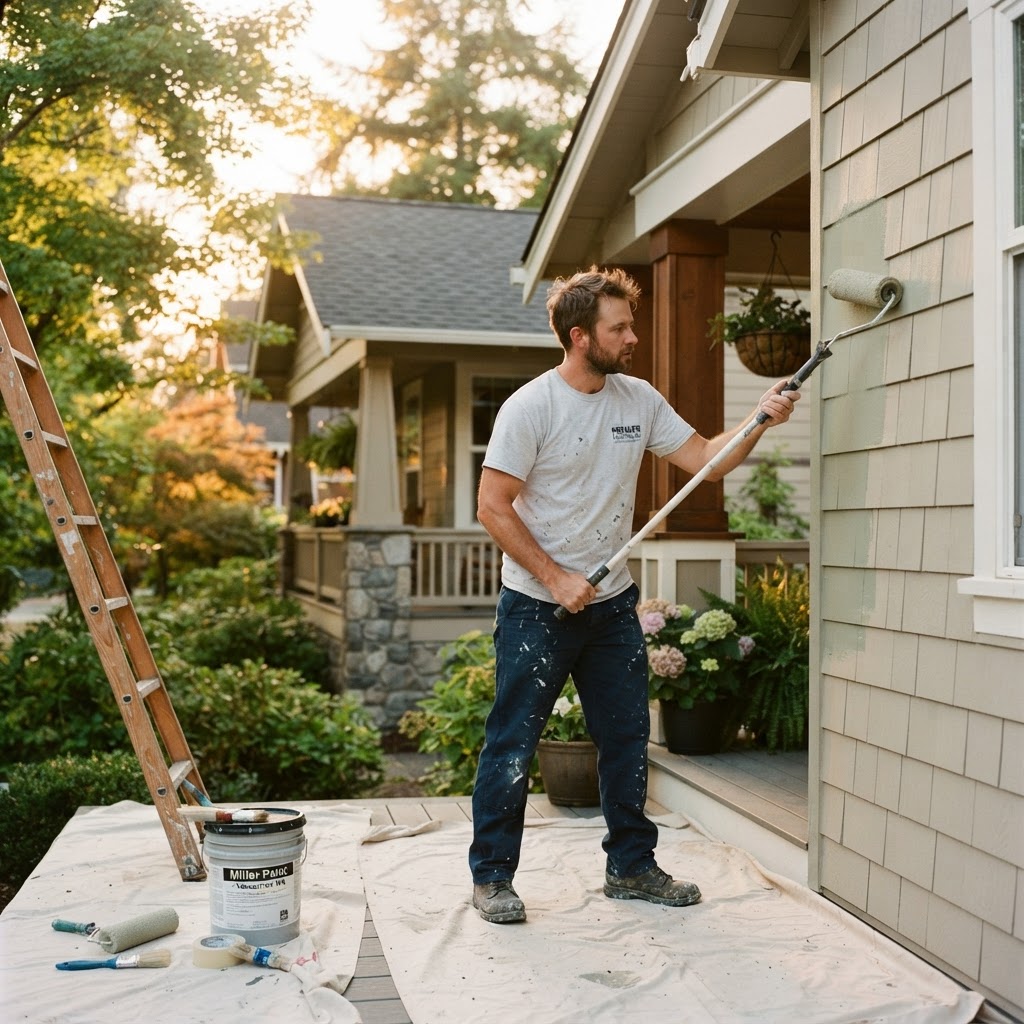 Professional painting contractor painting a home exterior in Vancouver Washington