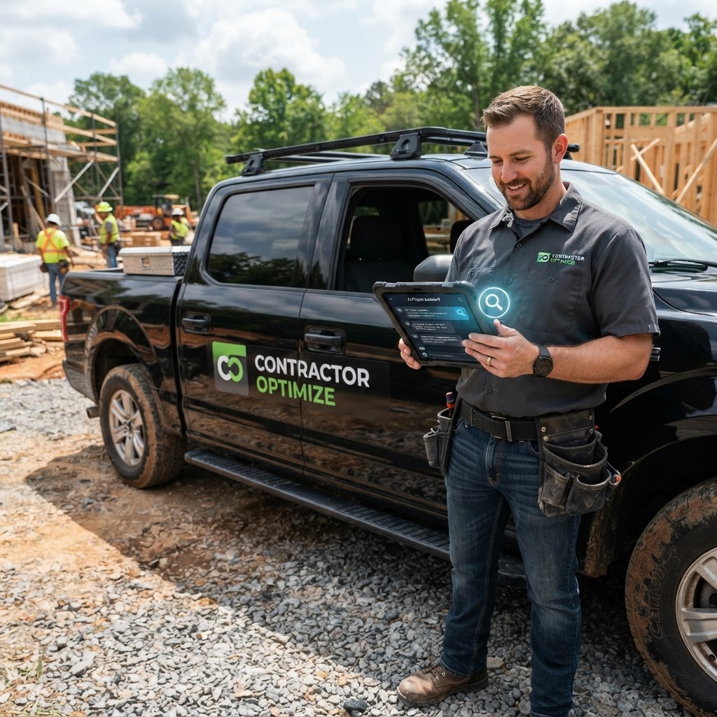 Contractor beside his black Contractor Optimize branded truck checking an AI search assistant on a tablet
