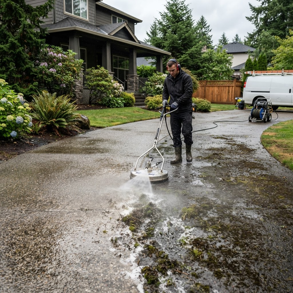 Pressure washing a residential driveway for Camas Washington marketing