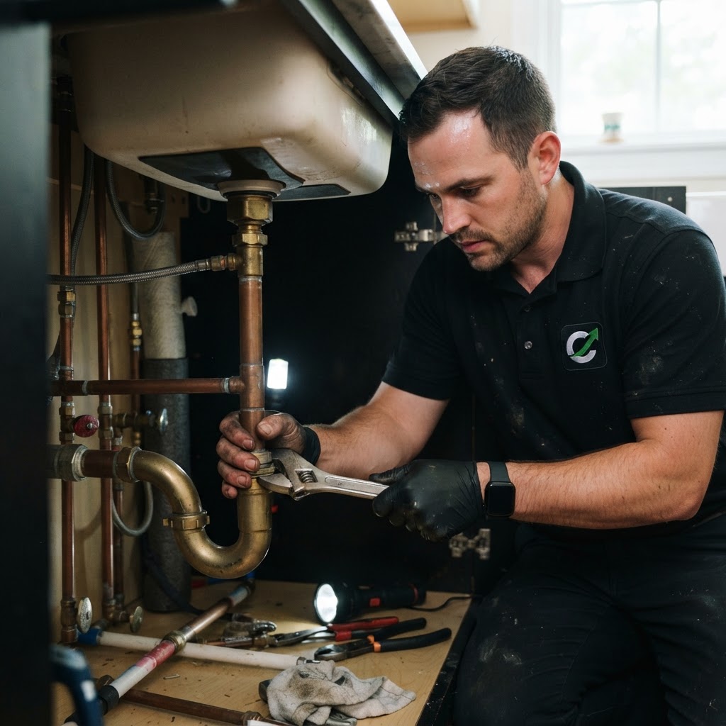 Plumbing contractor in branded Contractor Optimize polo at work