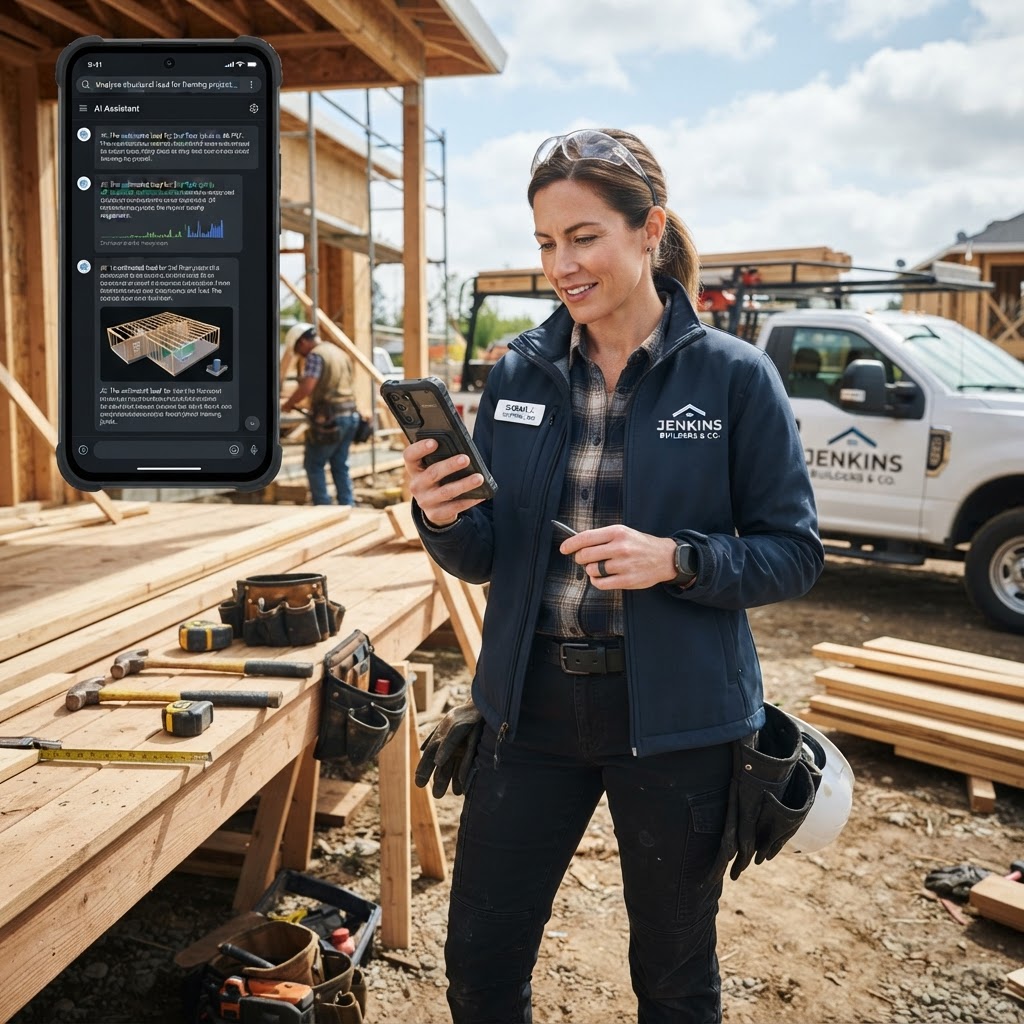 Contractor at a job site checking AI search results and chat answers on a smartphone