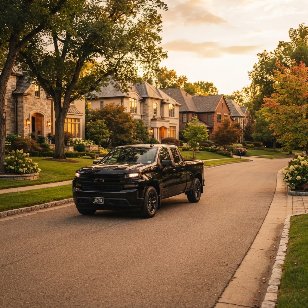 A branded contractor truck driving into an upscale neighborhood at golden hour
