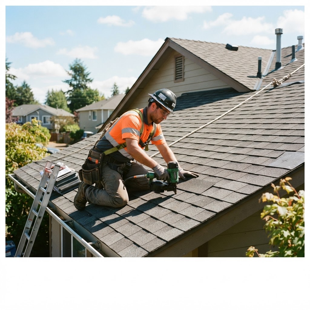 Roofing contractor working on a residential roof in Vancouver Washington