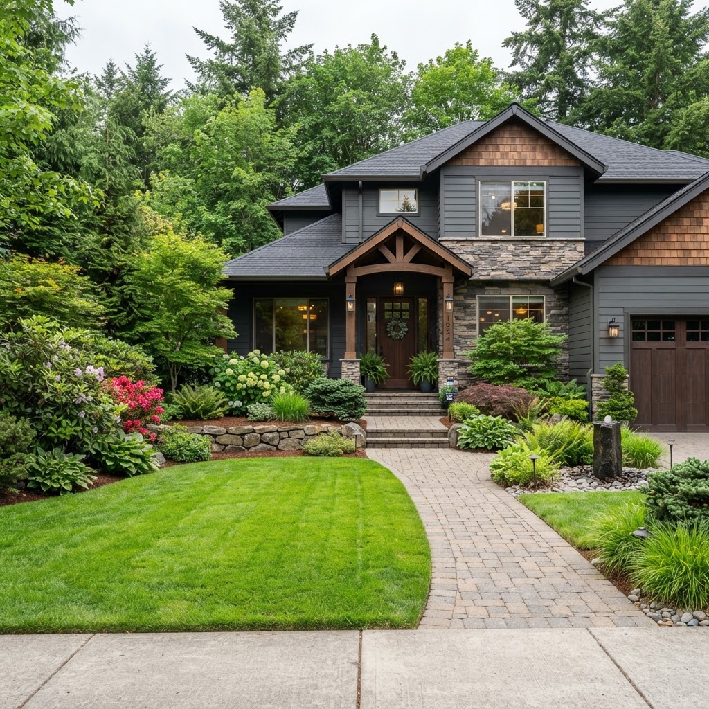 Landscaped front yard of a home in Camas, Washington