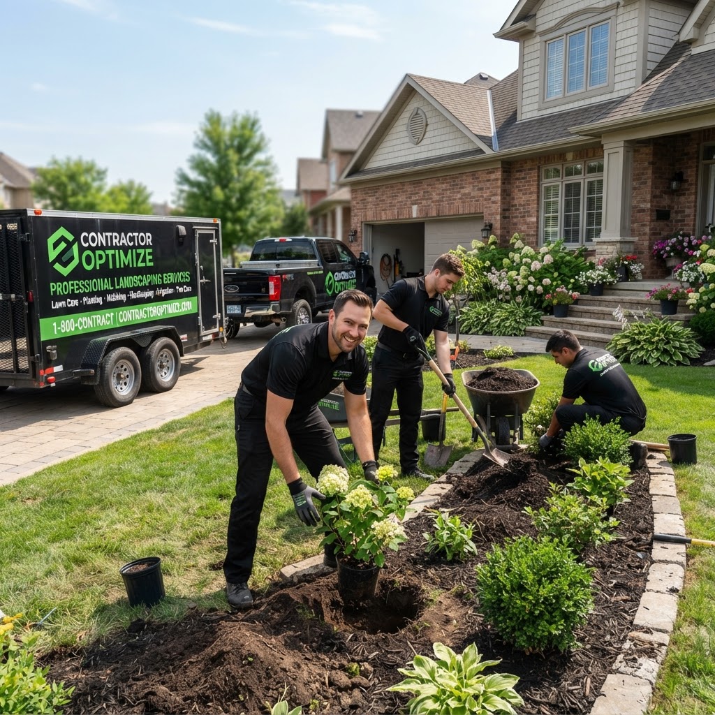 Residential landscaping contractor working on a professionally maintained lawn