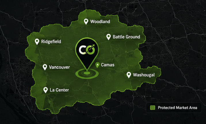 Protected Market Area map showing Woodland, Battle Ground, Ridgefield, Vancouver, Camas, Washougal, and La Center