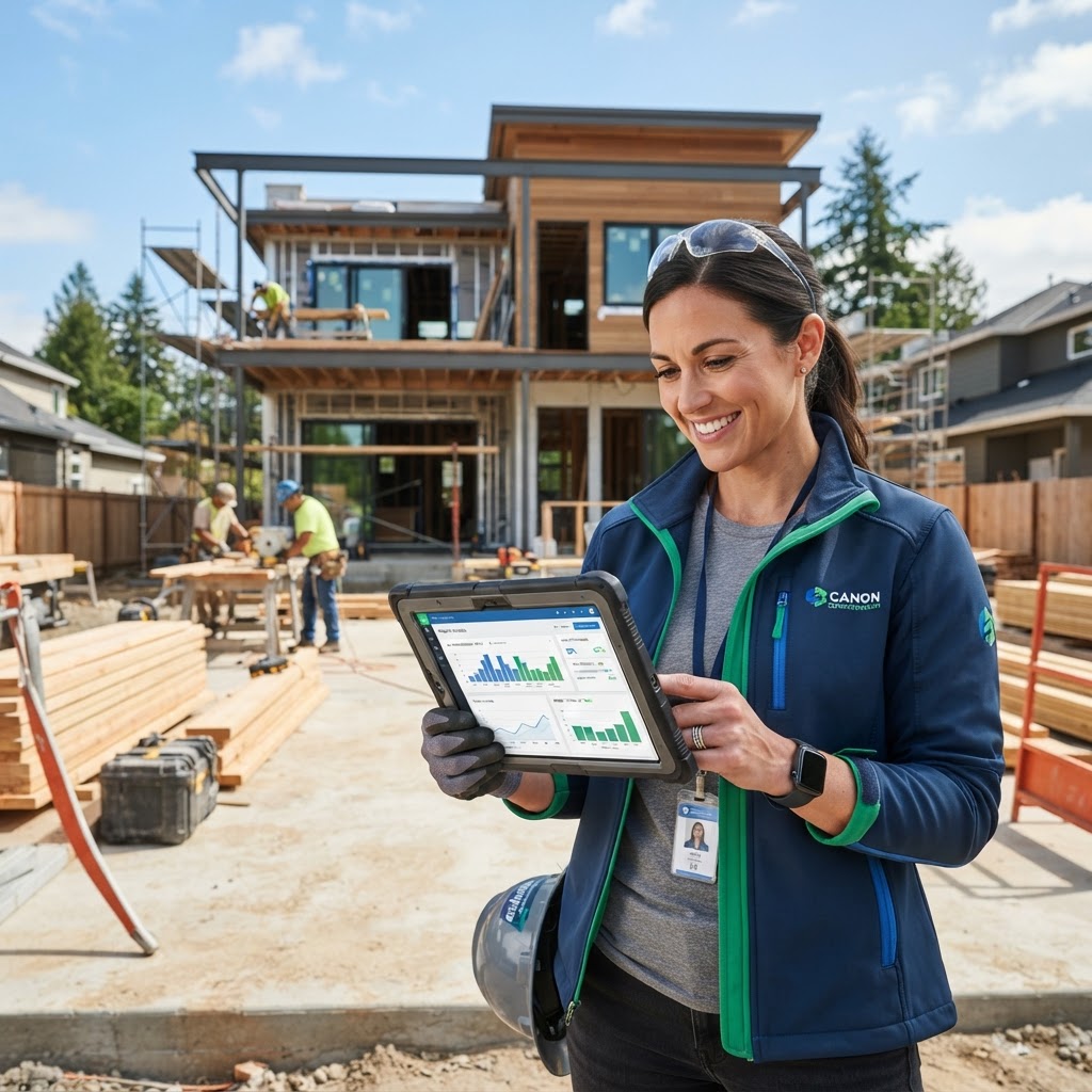 Contractor reviewing SEO and search visibility data on a tablet at a job site