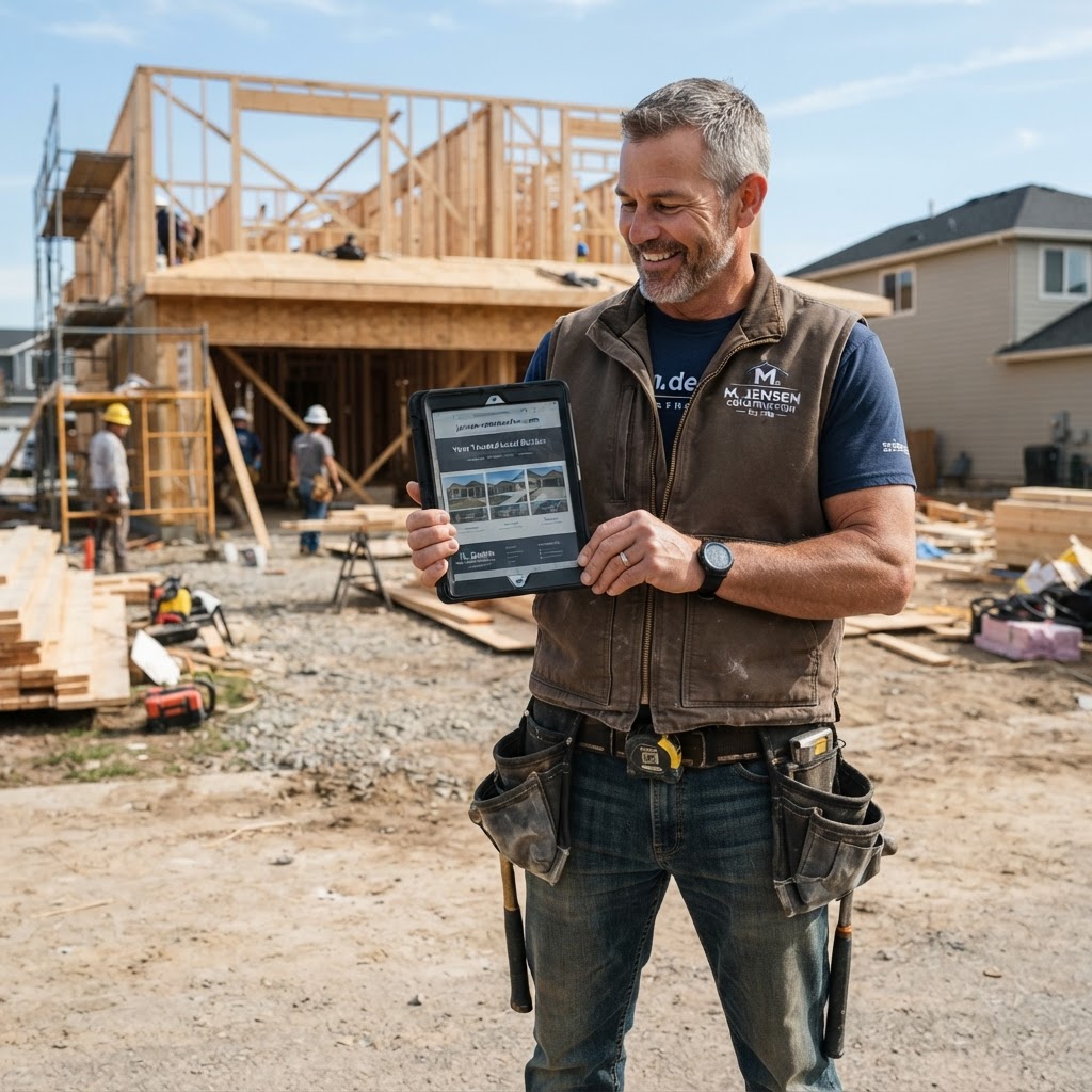 Residential contractor reviewing completed project work and website case study content