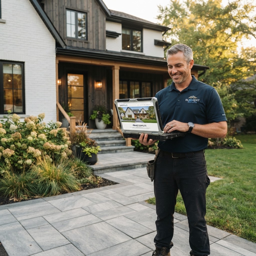 Contractor reviewing a professional contractor website on a laptop